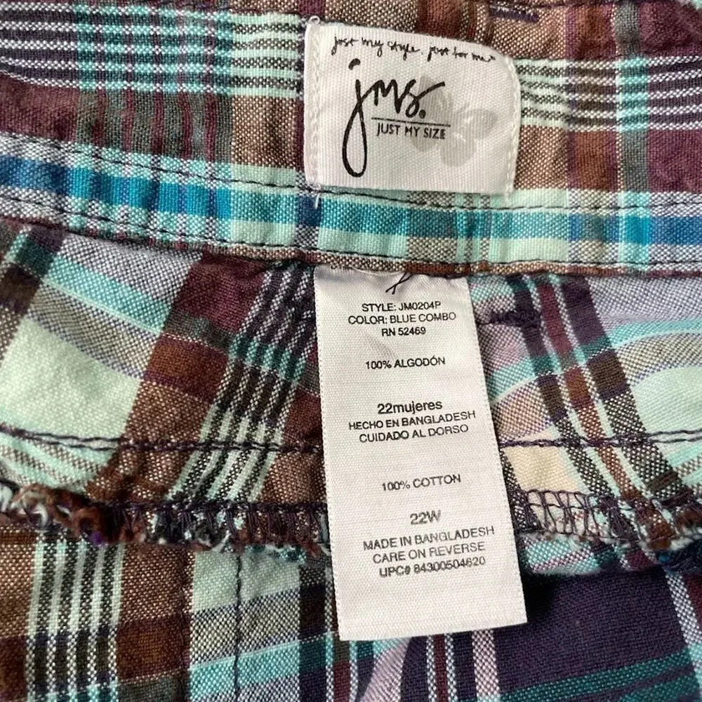 JMS Just My Size Women Plus 22W Teal Blue Plaid Shorts Y2K Preppy Casual Country